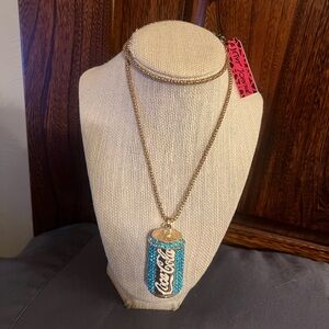 Betsey Johnson Teal/Aqua Crystal Gold Tone Coca Cola Replica Can Necklace, new